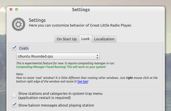 Great Little Radio Player Ubuntu インターネットラジオ スキンの変更